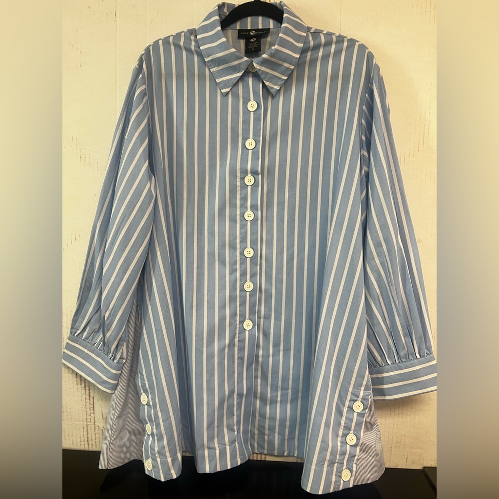 Ashley Stewart Blue and White Vertical Stripe Button-Down Shirt